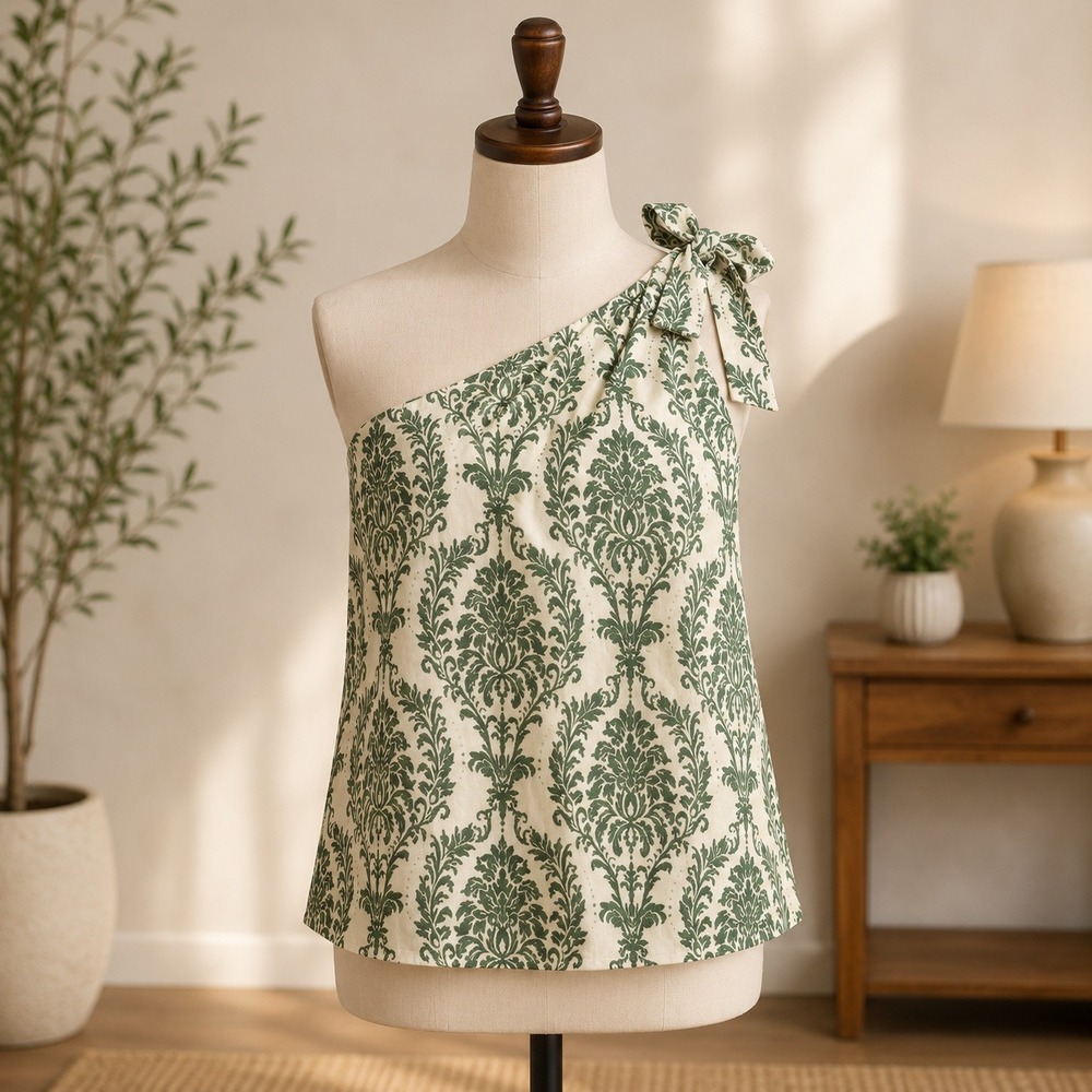 NWT‎ Cupshe One Shoulder Top Womens Small Green Damask Floral Tie Strap Blouse